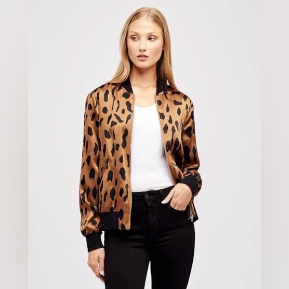 New! L’AGENCE Ollie Cheetah‎ Silk Bomber Jacket Leopard Camel/Black Size Large - Picture 2 of 16